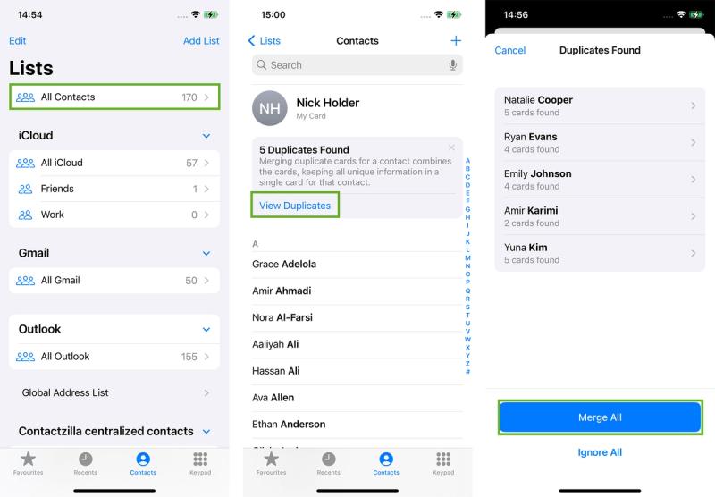 Merging all duplicate contacts on iPhone in one go by selecting the 'Merge All' button.