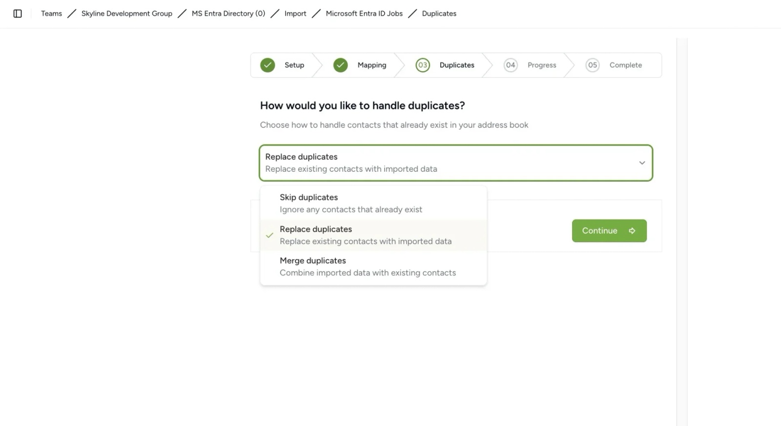 Choose how Contactzilla handles duplicate contacts when importing from Microsoft Entra ID