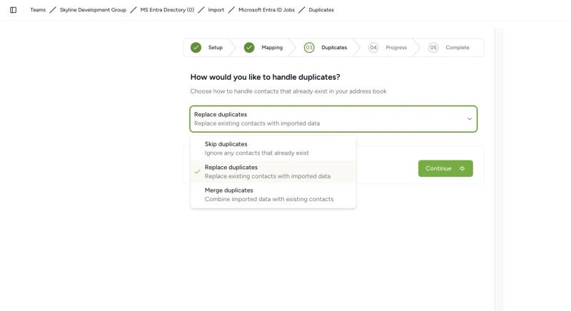Choose how Contactzilla handles duplicate contacts when importing from Microsoft Entra ID