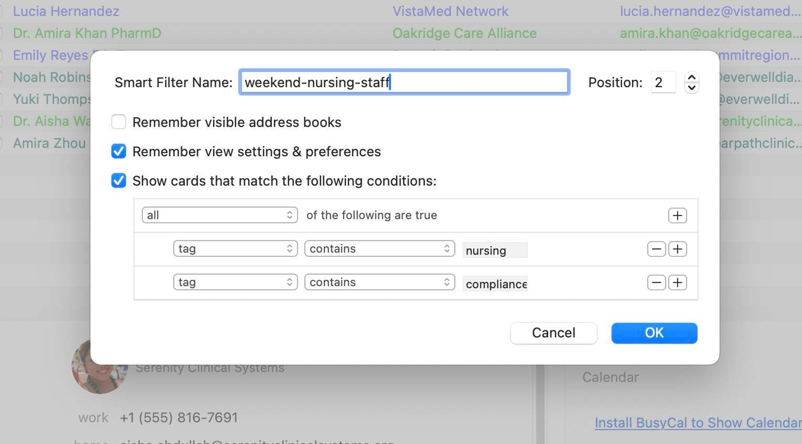 A Smart Filter setup window in BusyContacts showing the creation of a filter named "weekend-nursing-staff." The filter uses Boolean logic to display contacts tagged with both "nursing" and "compliance." Options to remember view settings and preferences are also enabled.