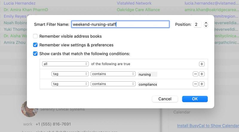 A Smart Filter setup window in BusyContacts showing the creation of a filter named "weekend-nursing-staff." The filter uses Boolean logic to display contacts tagged with both "nursing" and "compliance." Options to remember view settings and preferences are also enabled.