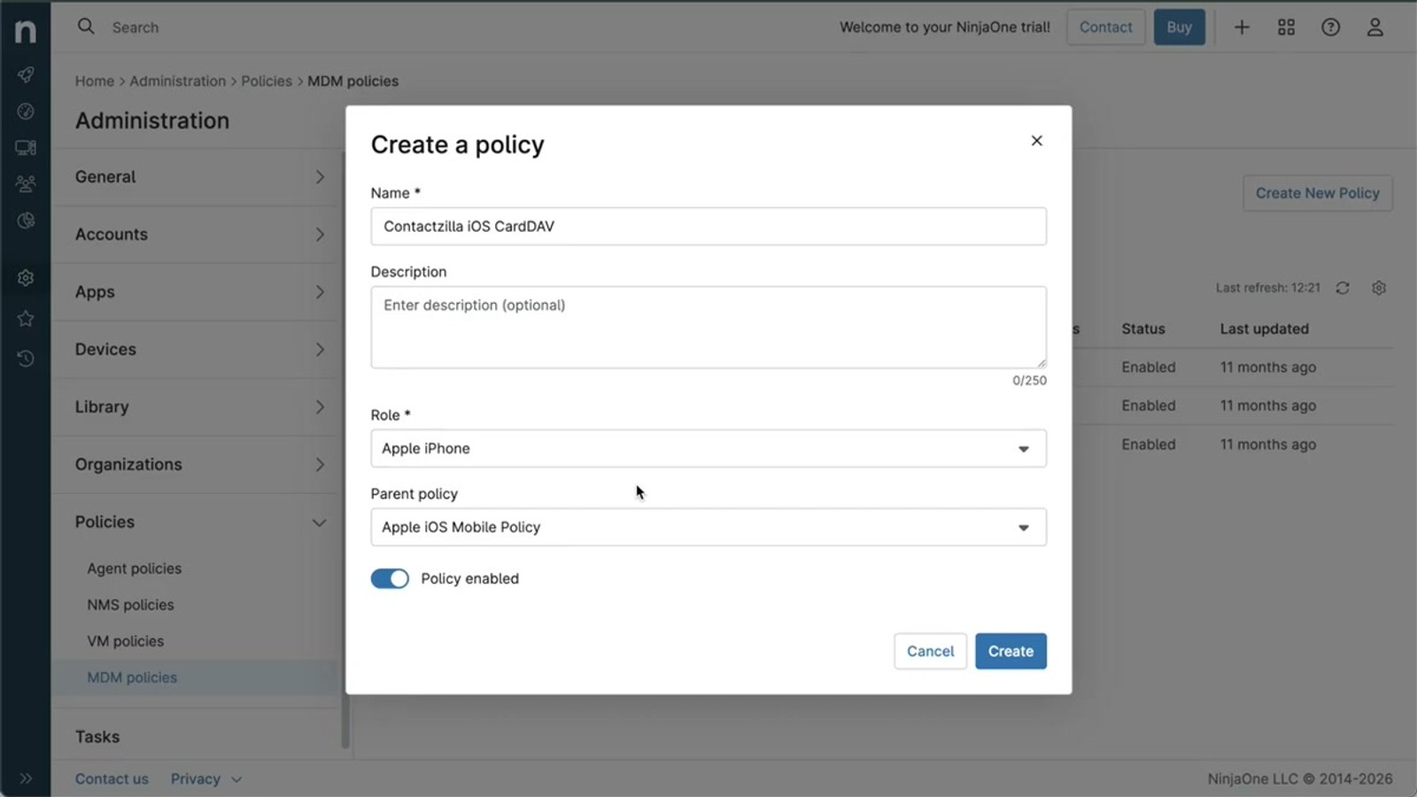 NinjaOne policy creation screen showing the policy name, role set to Apple iPhone, and parent policy set to Apple iOS Mobile Policy