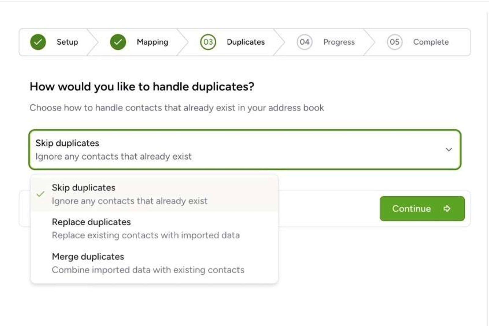 The Contactzilla 'how to handle duplicates' screen allowing you to pick from a drop down menu between the 3 different options which are skip duplicates, replicate duplicates and merge duplicates.