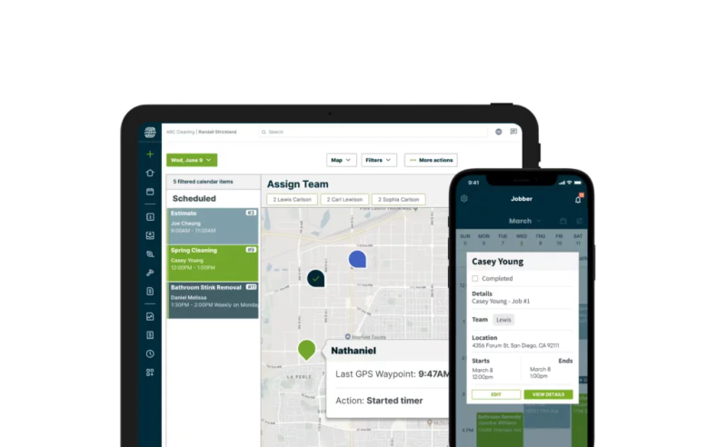 Jobber's comprehensive scheduling view with color-coded job assignments and technician availability