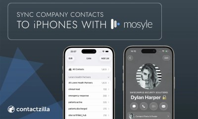 Sync company contacts to iPhones with Mosyle: two iPhones showing Contactzilla contact lists and a padlocked company contact card
