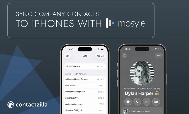 Sync company contacts to iPhones with Mosyle: two iPhones showing Contactzilla contact lists and a padlocked company contact card
