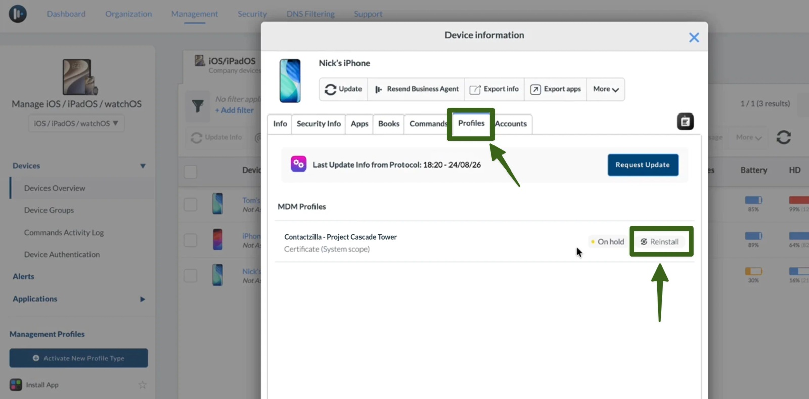 Mosyle device Profiles tab showing the Contactzilla profile On hold, with Reinstall highlighted to trigger installation.