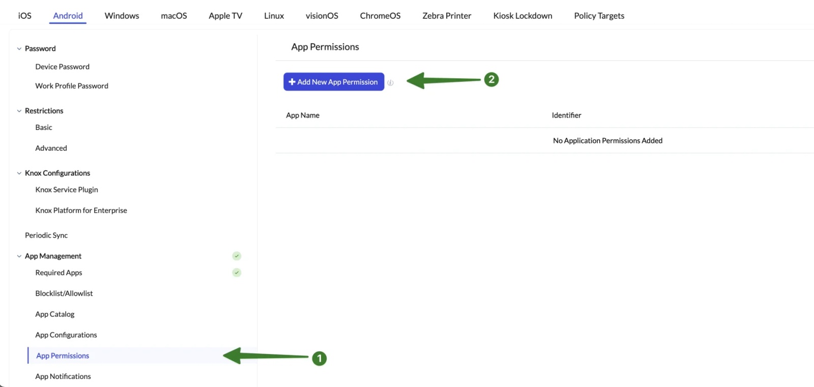 Hexnode policy editor highlighting App Permissions in the left navigation with the Add New App Permission button visible.