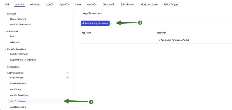 Hexnode policy editor highlighting App Permissions in the left navigation with the Add New App Permission button visible.