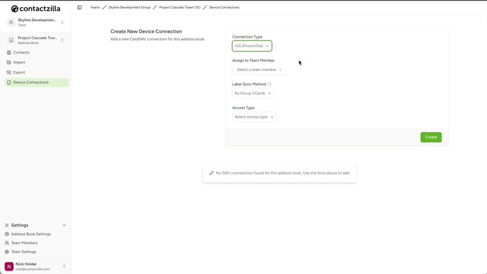 Contactzilla device connections page with iOS selected as the connection type