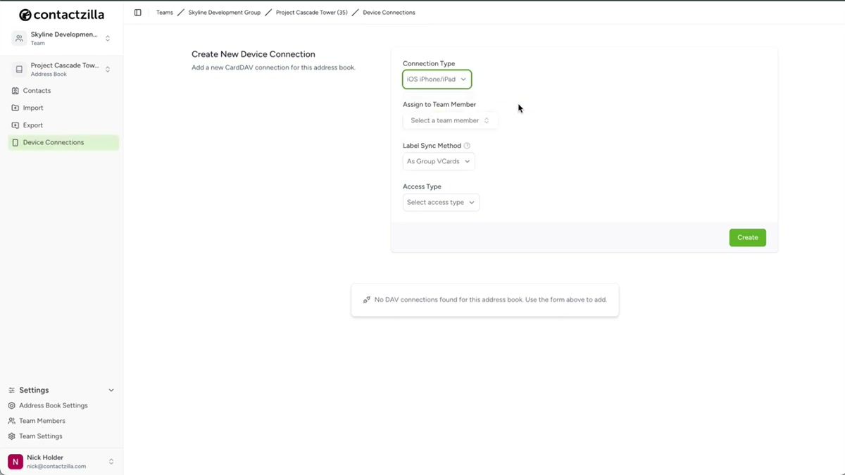 Contactzilla device connections page with iOS selected as the connection type