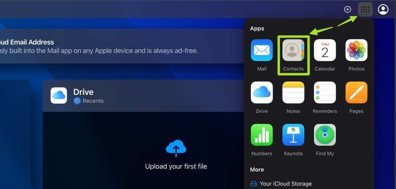 Opening Google Contacts from the iCloud website.