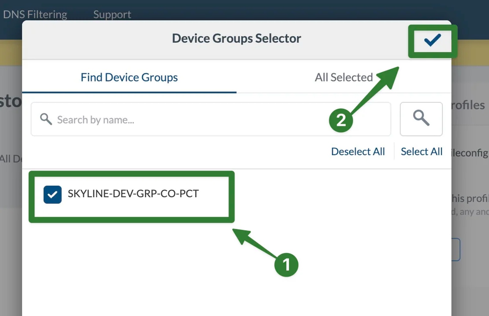 Select the correct Mosyle device group (e.g. SKYLINE-DEV-GRP-CO-PCT) for deploying the Contactzilla CardDAV profile.