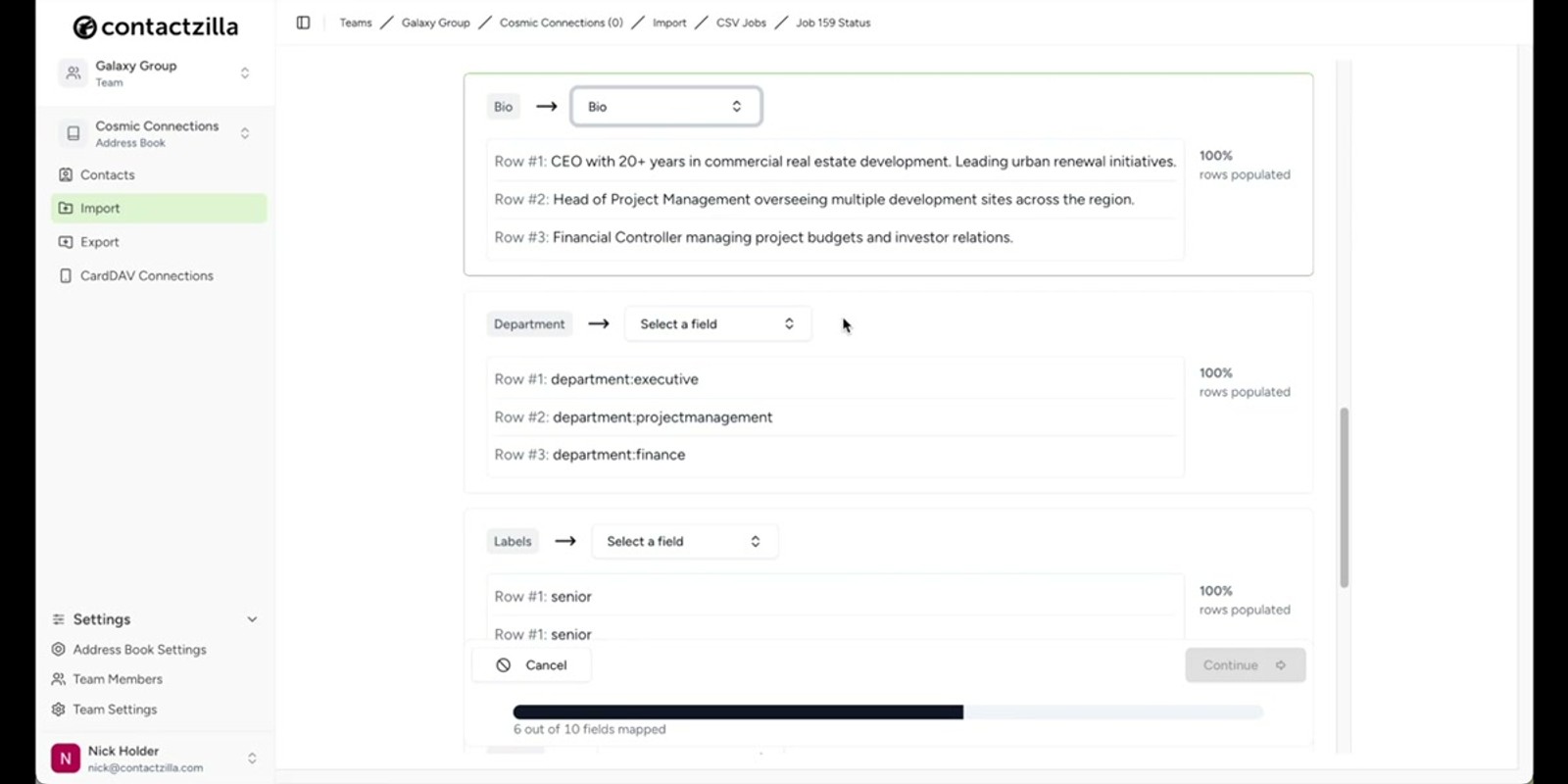 Column mapping interface showing CSV columns on the left mapped to Contactzilla fields via dropdowns, with Contact Label field selected for a label column