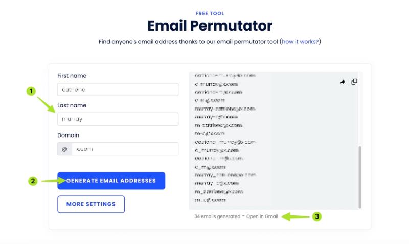 Entering details on the The Email Permutator interface to generate the possible variations.