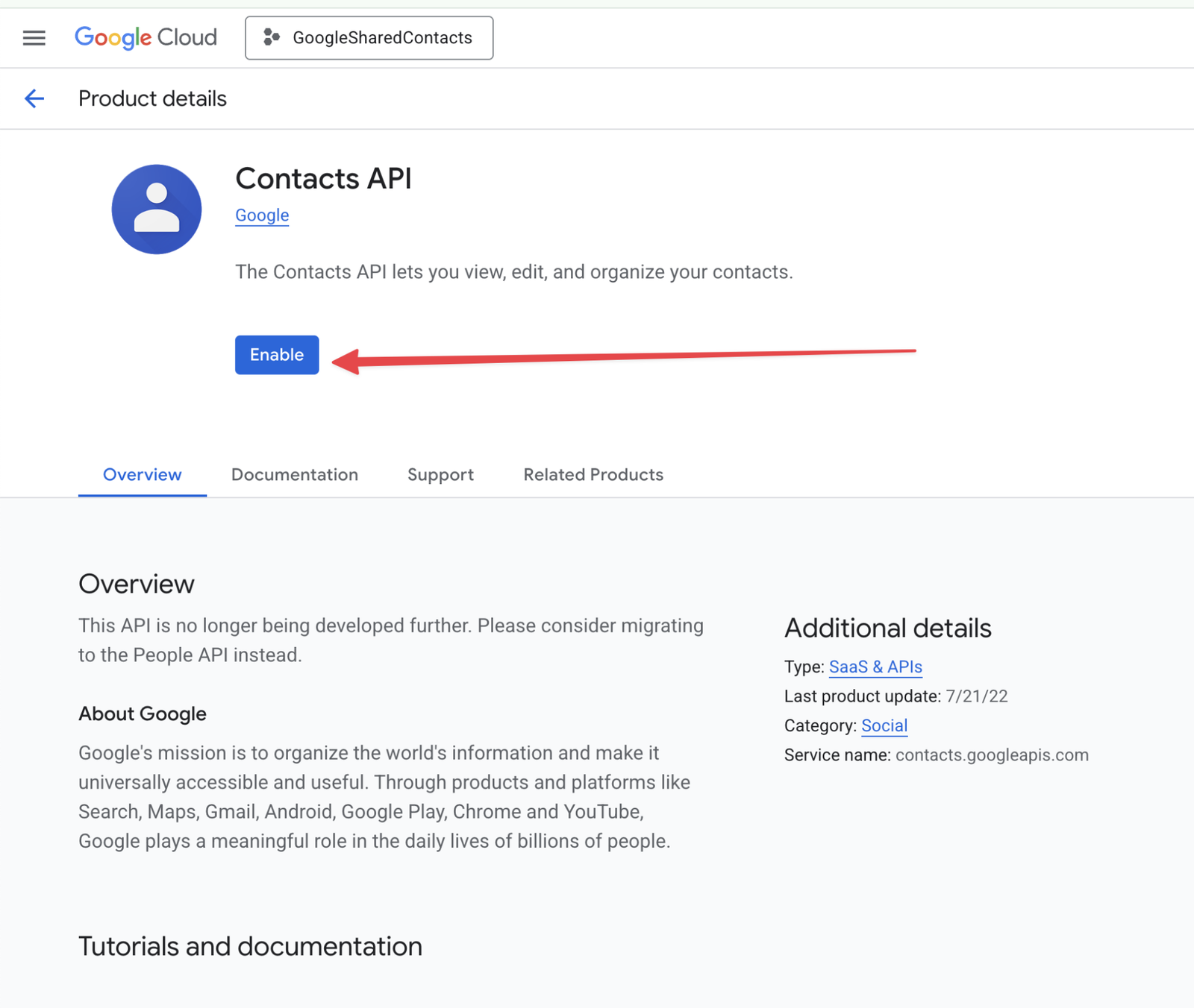 Click Enable to turn it on for your project