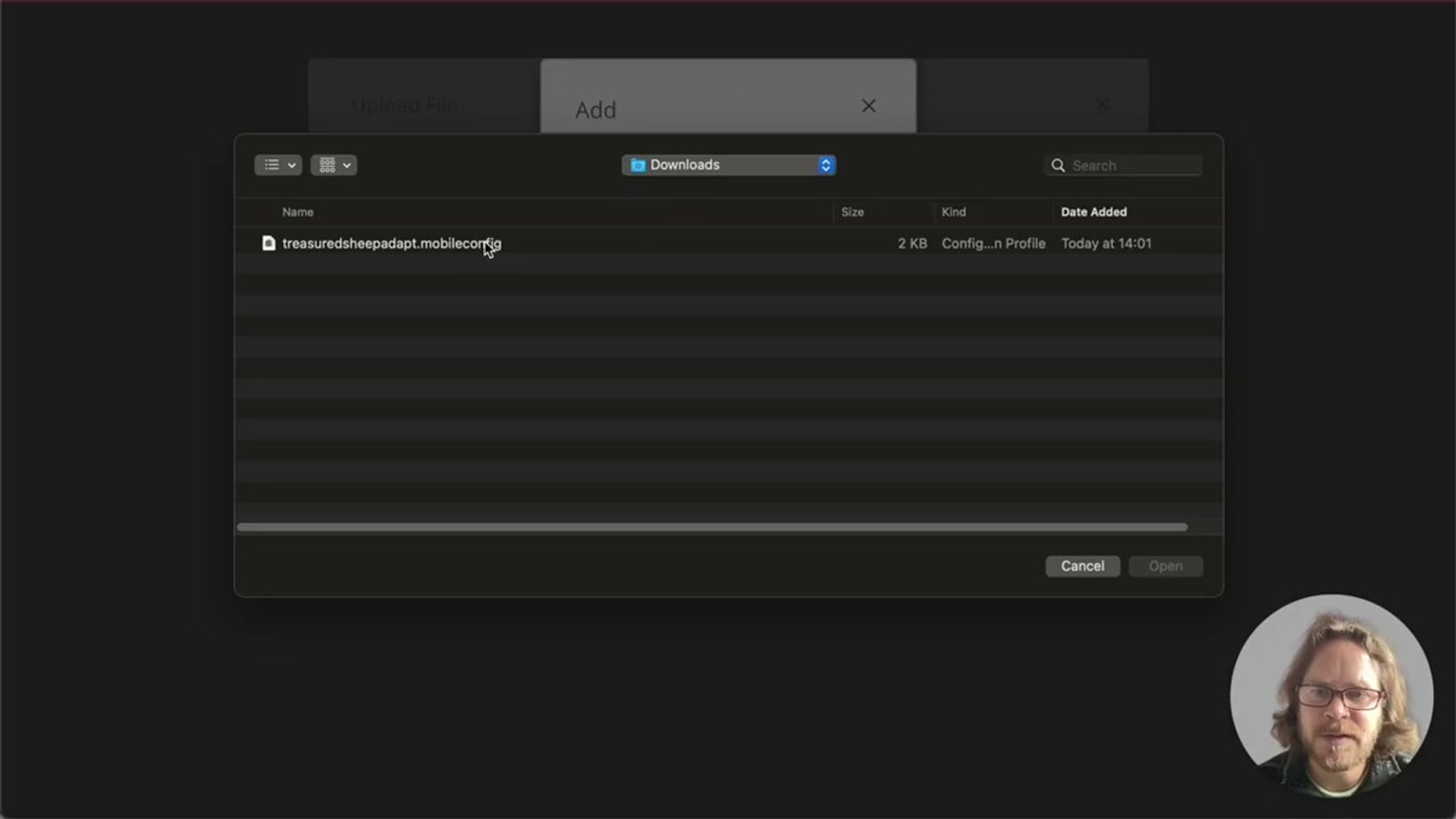 Workspace ONE UEM profile upload dialog with the iOS device profile option selected