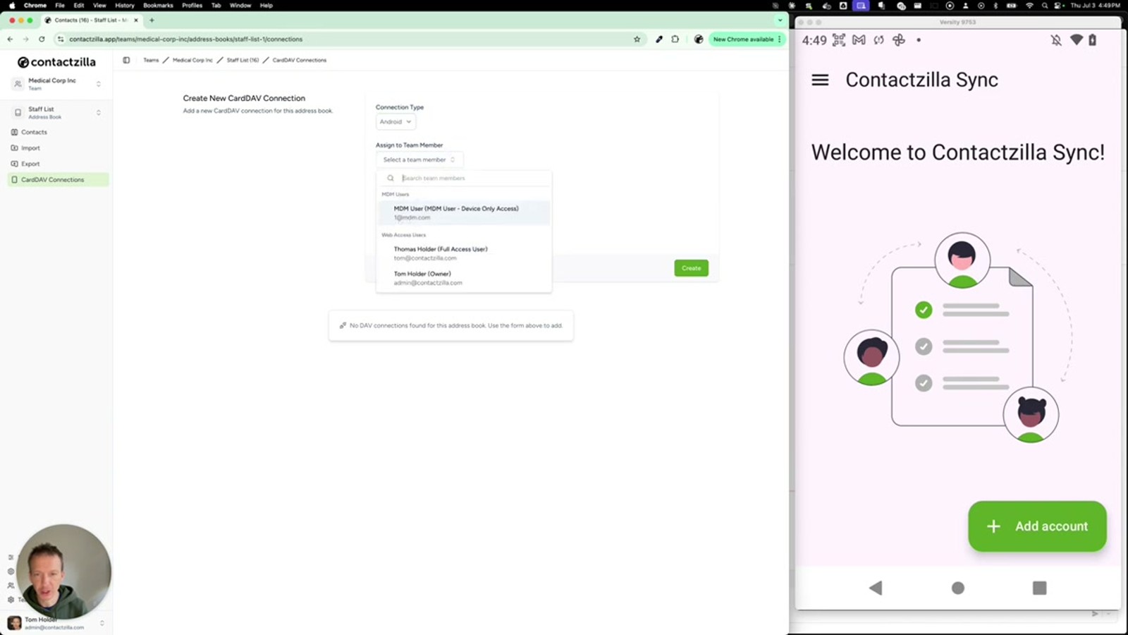 Contactzilla web portal showing the CardDAV Connections menu item in the left sidebar