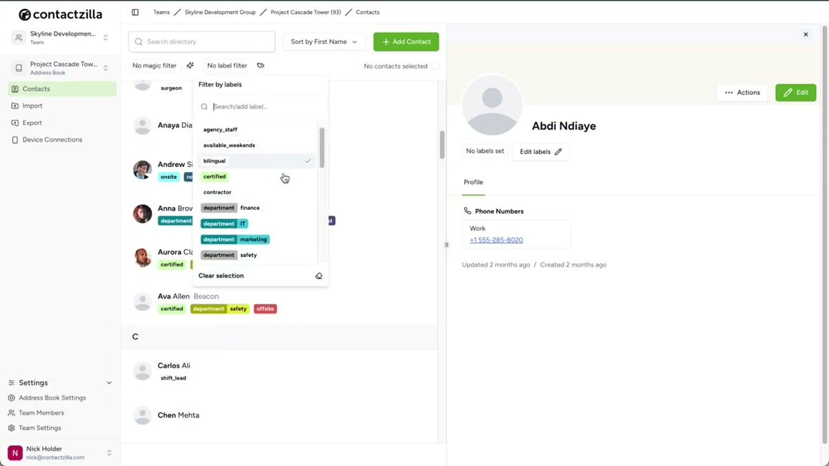 iPhone showing the Contactzilla shared contacts appearing in the native Contacts app with organized lists