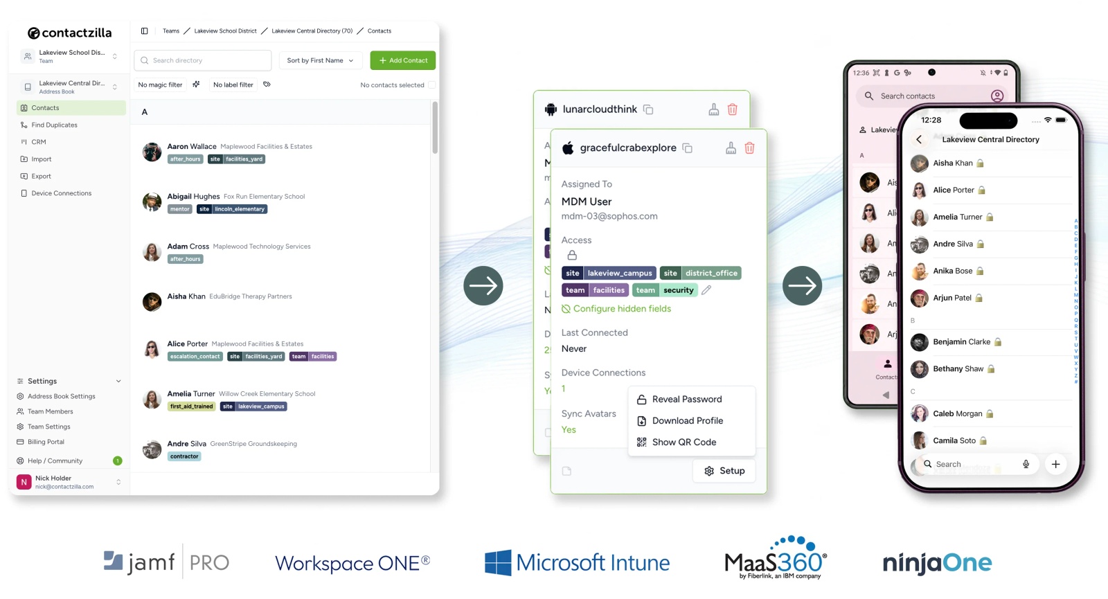 Contactzilla address book connected through a device connection and deployed to native Contacts apps on iPhone and Android.