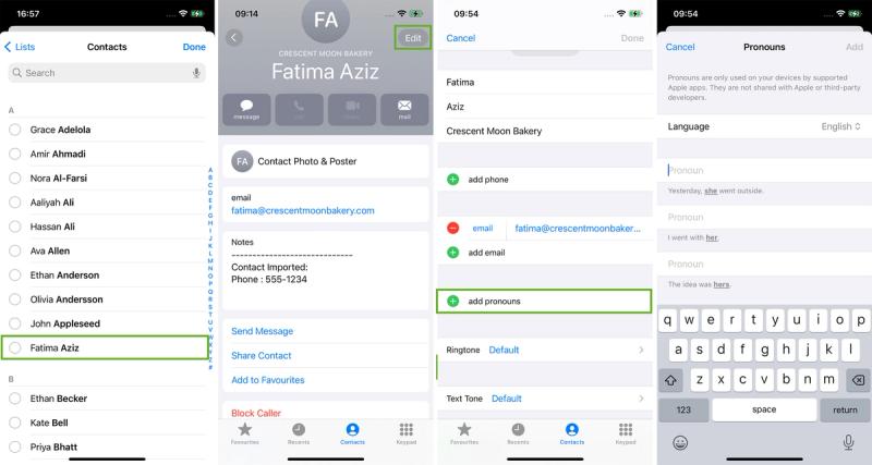 Adding and adjusting Pronouns for a contact.