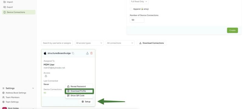 Downloading the Contactzilla .mobileconfig file from the CardDAV connection setup screen for iOS Intune deployment.
