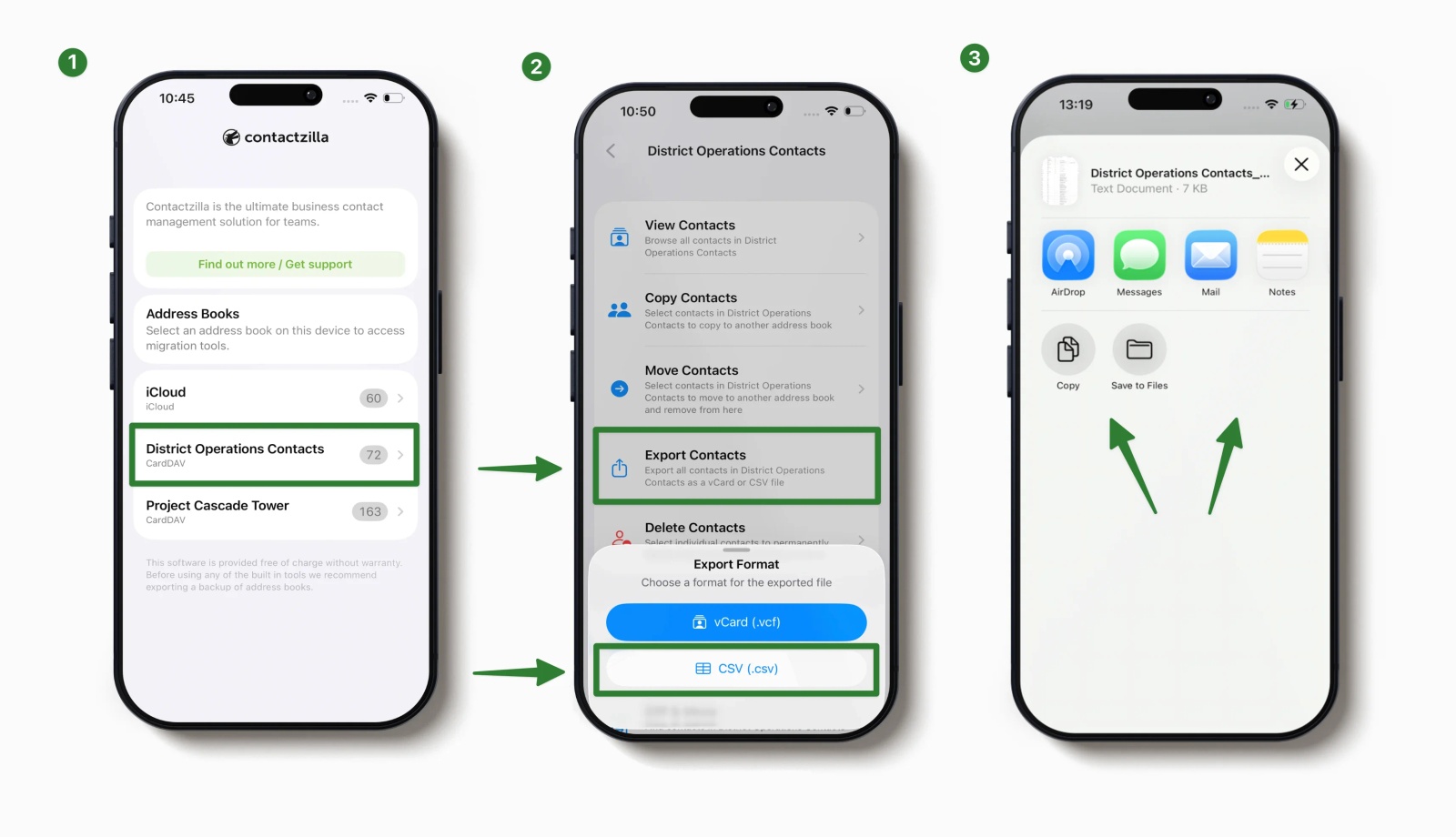 Contactzilla Migration Tools showing three steps to export iPhone contacts from an address book as a CSV file.
