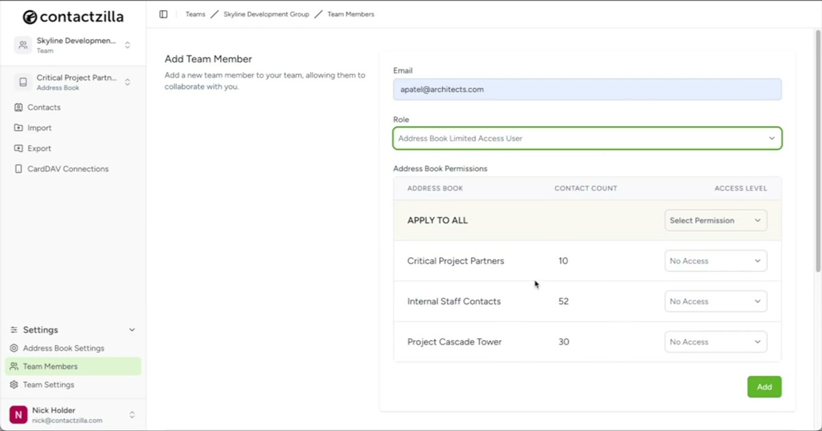 Permission selection showing Read-Only and Read-Write options for the Critical Project Partners address book