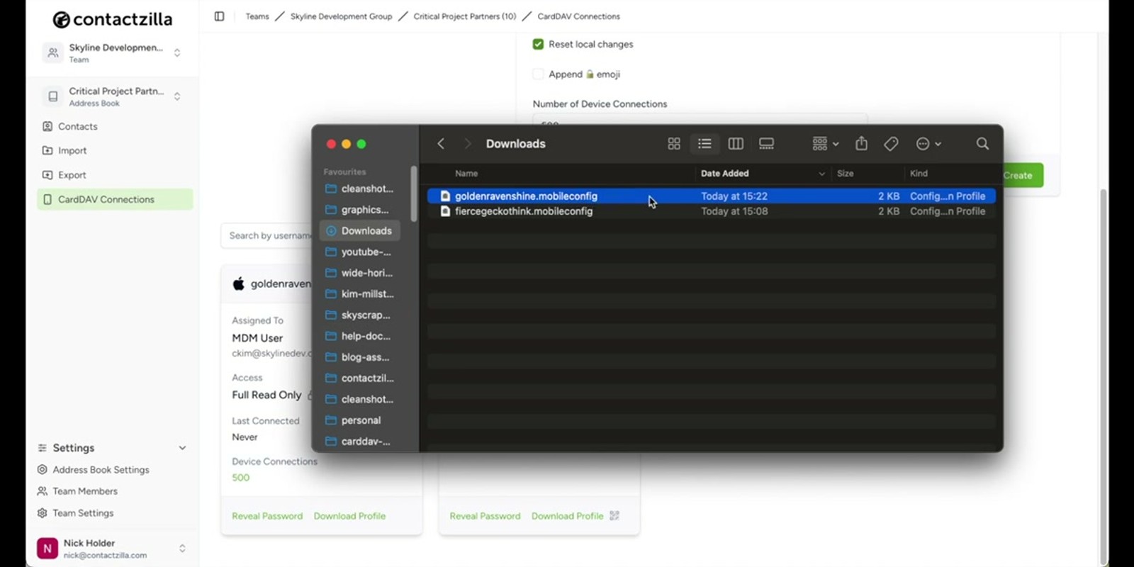 Contactzilla MDM deployment screen showing MDM user assignment and device count