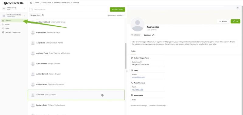 Contactzilla contact view showing imported Salesforce contact details with custom fields.