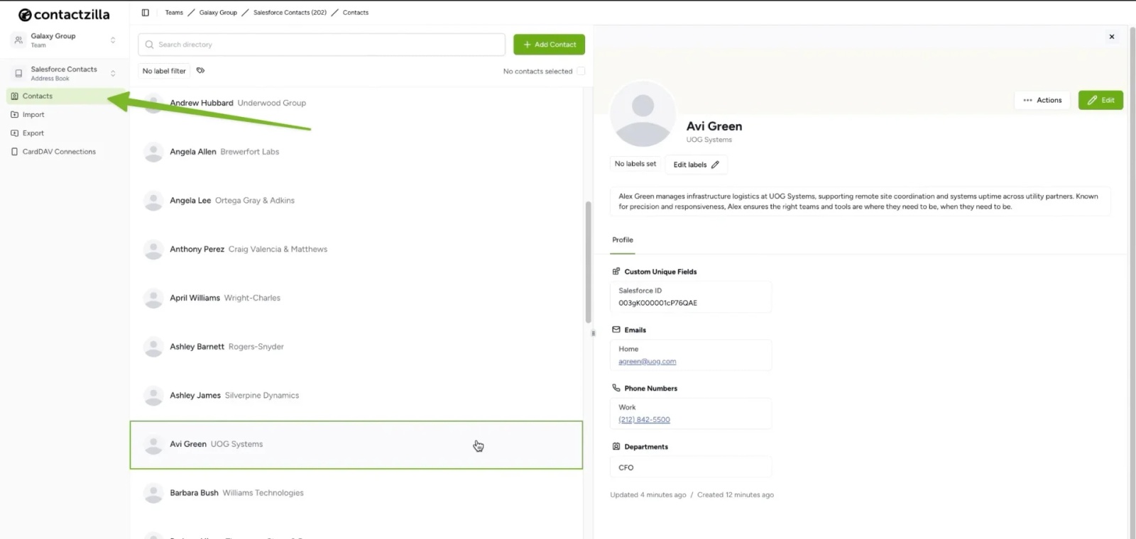 Contactzilla contact view showing imported Salesforce contact details with custom fields.