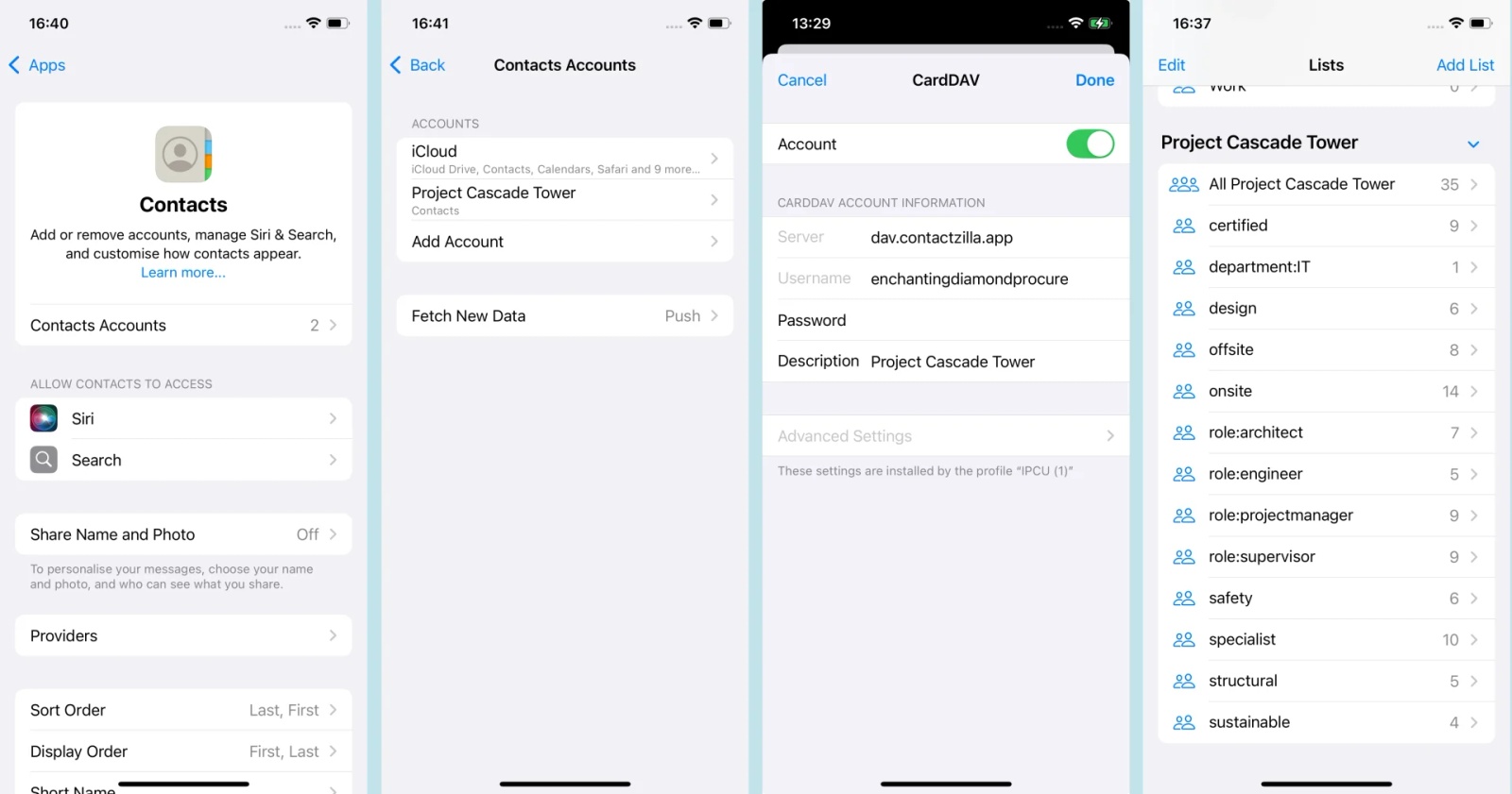 iPhone contact sync verification showing CardDAV account configured via MaaS360 with organized departmental contact lists.