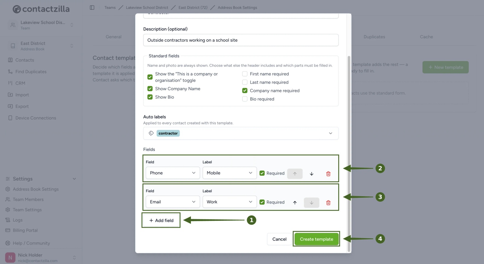 The Fields section of a Contactzilla template with Phone and Email rows added, both set to Required, and Create template highlighted