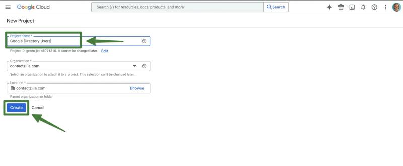 Google Cloud New Project form showing the project name field populated with Google Directory Users before creation.
