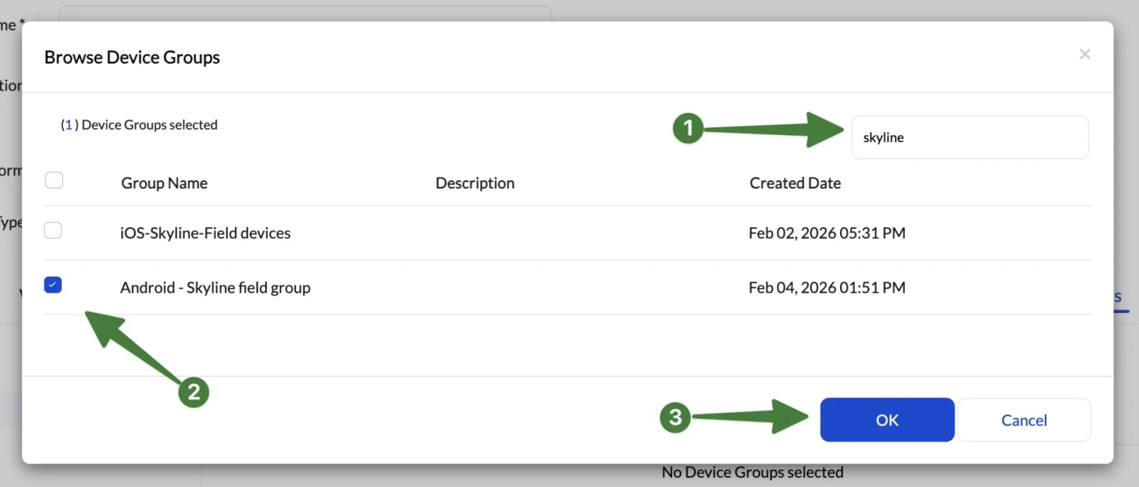 Hexnode Browse Device Groups window showing an Android device group selected to receive the Contactzilla Sync policy.