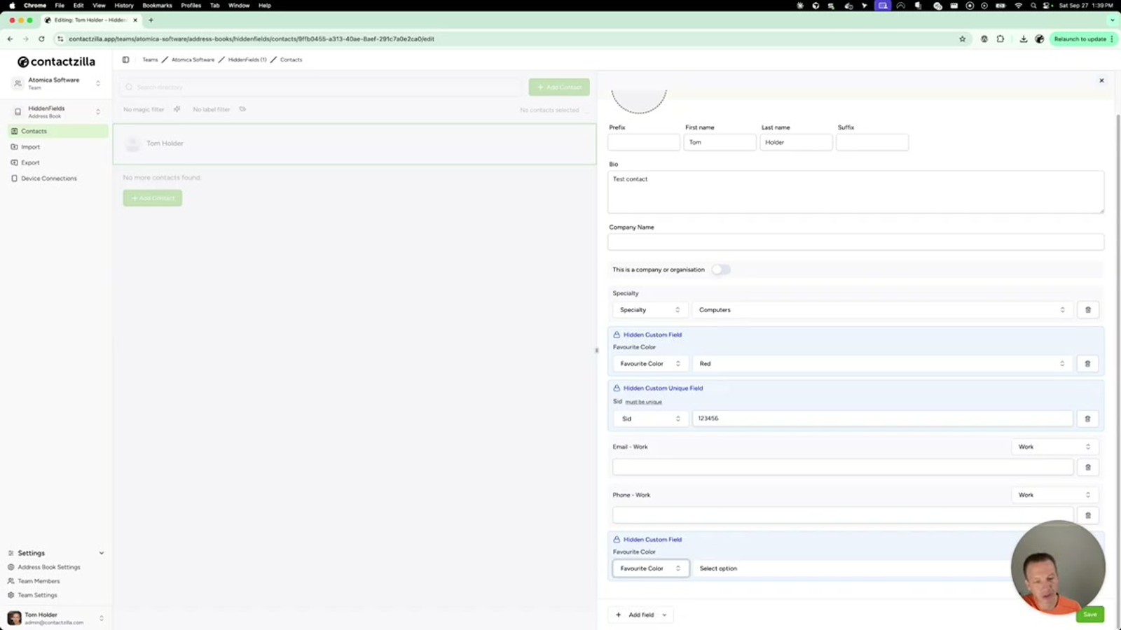 Contactzilla contact edit screen showing the distinction between visible custom fields and hidden custom fields