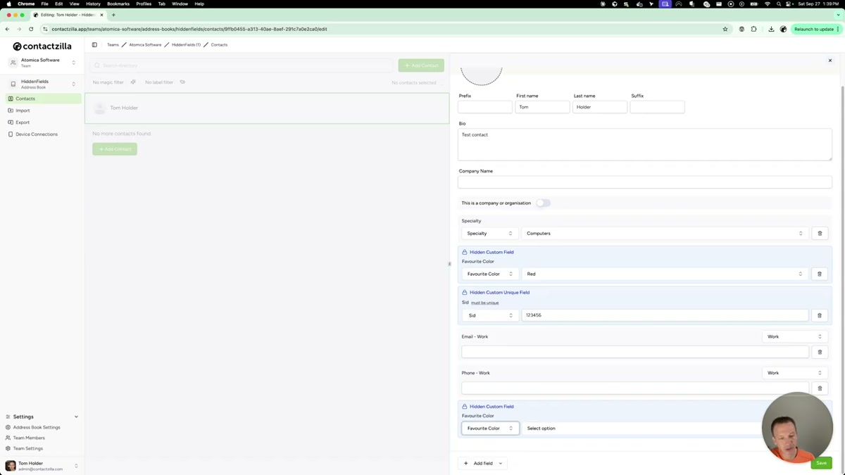 Contactzilla contact edit screen showing the distinction between visible custom fields and hidden custom fields