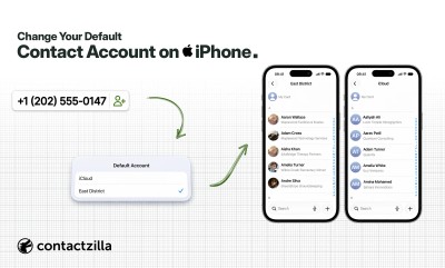 Blog header reading Change Your Default Contact Account on iPhone: a phone number to add, an arrow to the iPhone Default Account setting with East District ticked, then an arrow to the East District shared contact list on an iPhone beside an iCloud list.