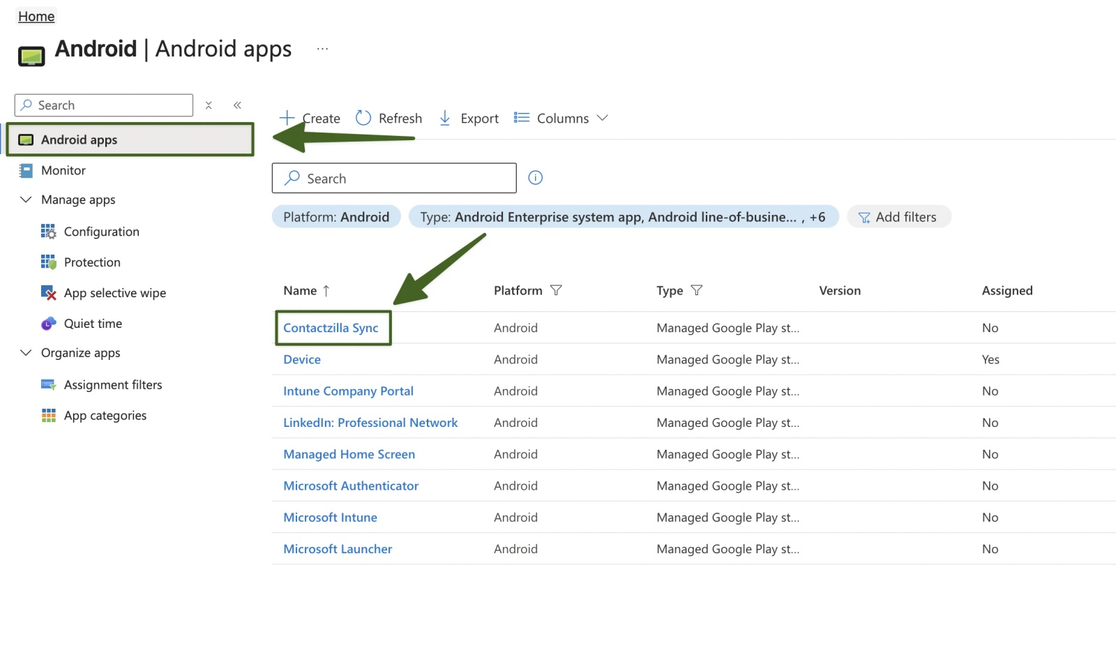 Intune Android apps list with Android apps selected and the Contactzilla Sync app highlighted