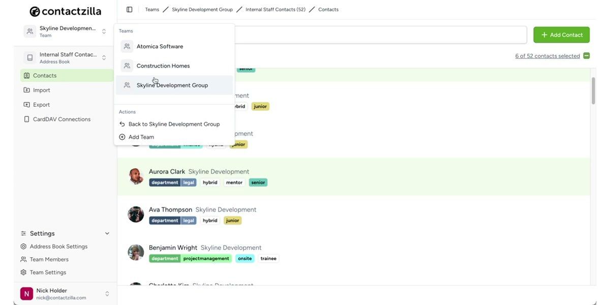 Contactzilla dashboard showing the team setup screen with Skyline Development Group as the team name