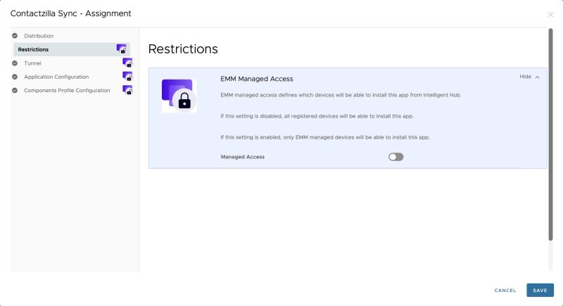 Workspace ONE Restrictions panel displaying EMM Managed Access options for the Contactzilla Sync Android app.