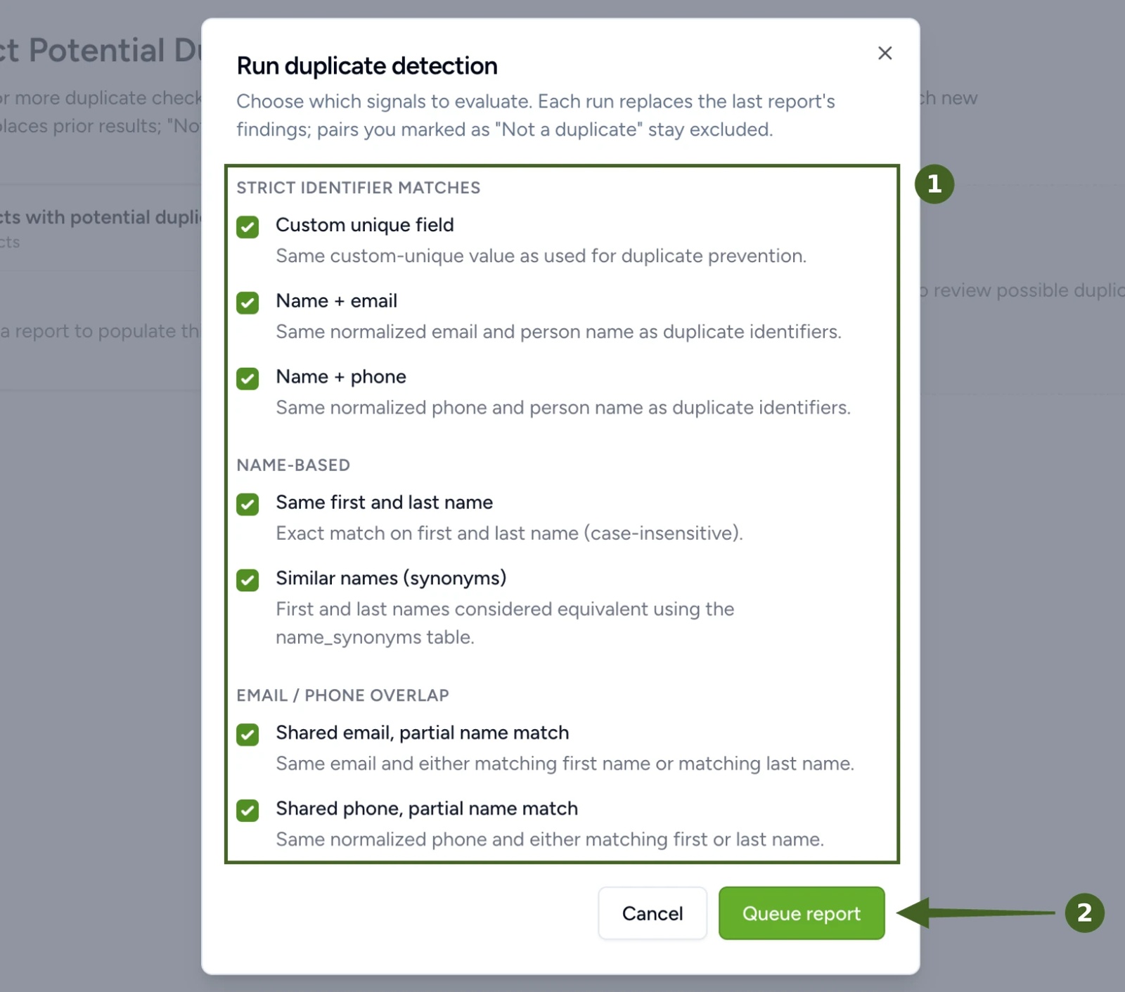 Contactzilla Run duplicate detection dialog with all seven checks ticked across Strict identifier matches, Name-based and Email / phone overlap, and the Queue report button.