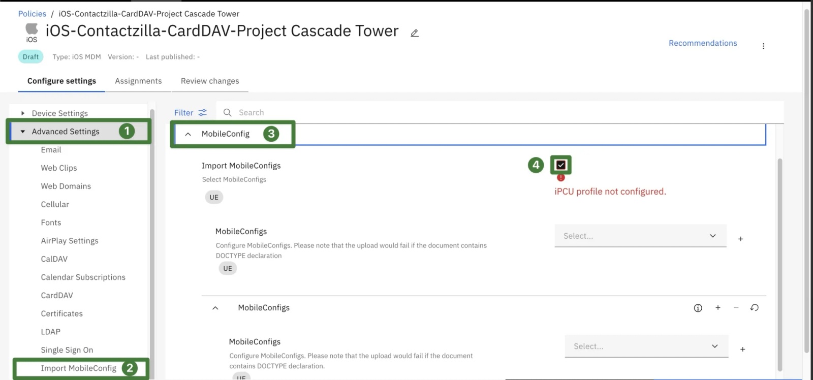 Import mobile configuration profile in MaaS360 advanced settings to deploy CardDAV contacts to iOS devices.