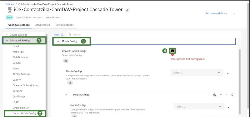 Import mobile configuration profile in MaaS360 advanced settings to deploy CardDAV contacts to iOS devices.
