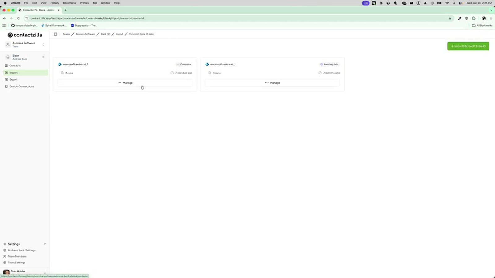 Contactzilla import management screen showing option to delete an existing Microsoft Entra ID import