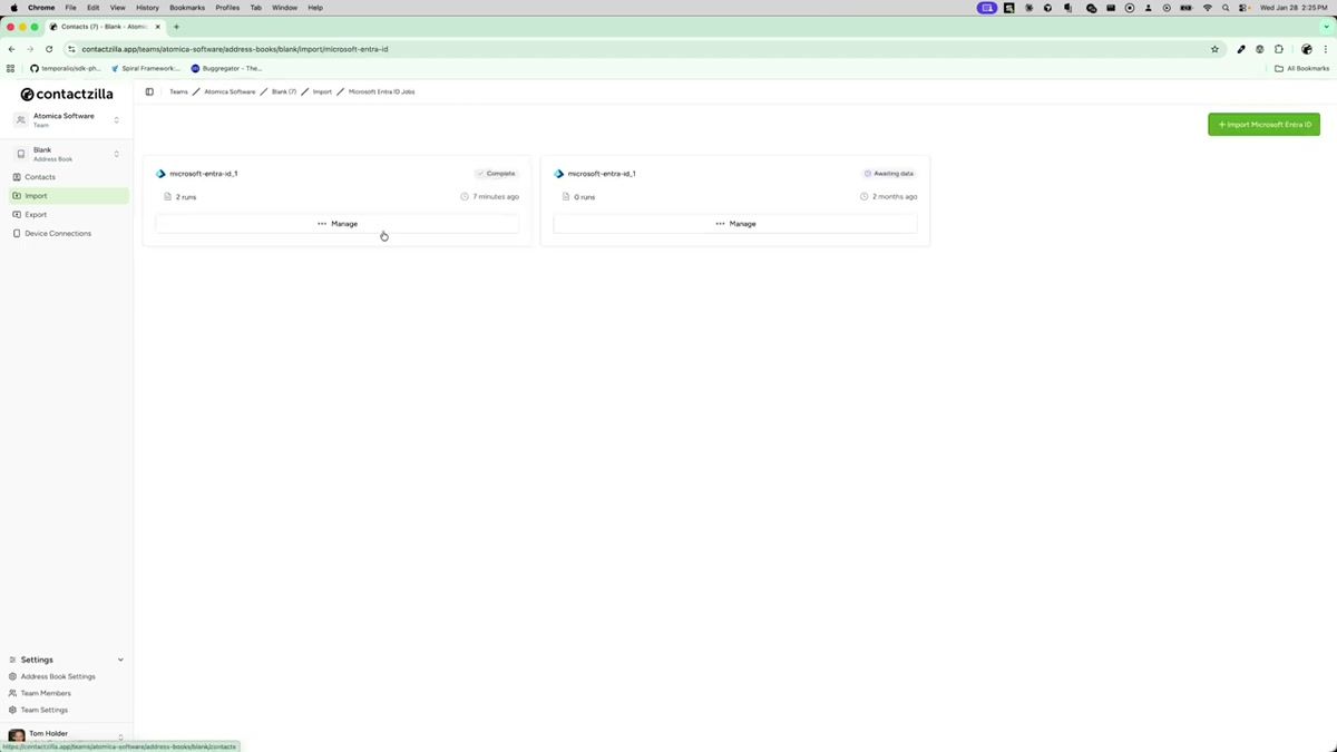 Contactzilla import management screen showing option to delete an existing Microsoft Entra ID import