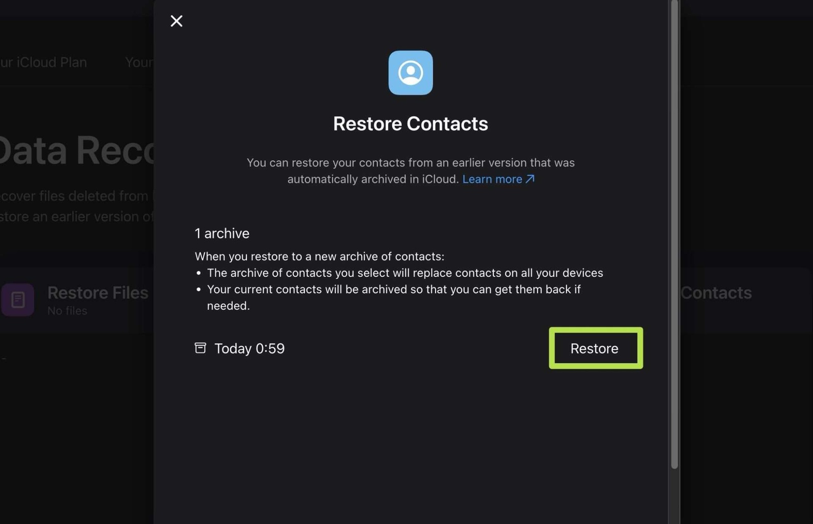 Screen shot showing selecting Data Recovery menu in iCloud