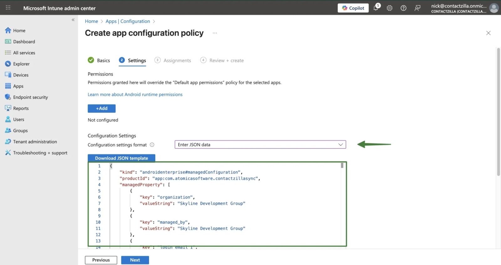 App configuration Settings tab selecting ‘Enter JSON data’ and pasting Contactzilla Sync managed configuration JSON for Android.