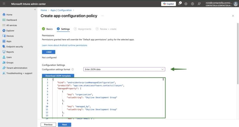 App configuration Settings tab selecting ‘Enter JSON data’ and pasting Contactzilla Sync managed configuration JSON for Android.