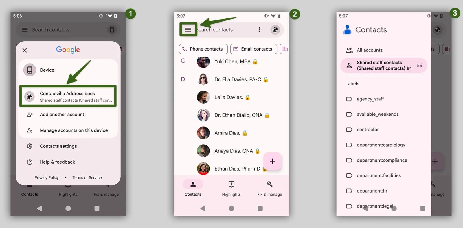 Android Contacts app: choosing the Contactzilla Address book account, opening the menu, and Entra departments listed as labels
